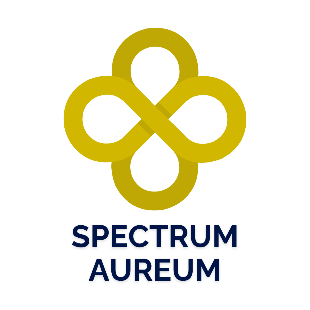 Logo Spectrum Aureum – stylizowany, złoty symbol przypominający przeplatające się pętle w kształcie czterolistnej koniczyny, z napisem 'SPECTRUM AUREUM' poniżej.